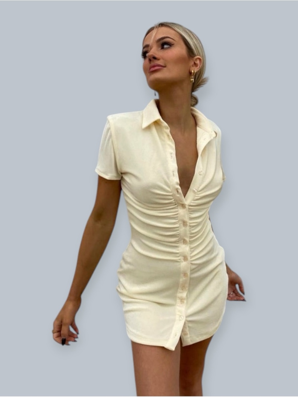 NWT With Jean ALEXA Buttercream Yellow Ruched Slinky Mini Shirt DRESS Small - Picture 2 of 6
